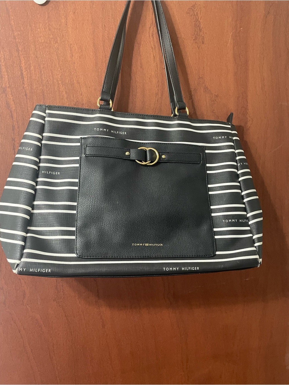 Tommy Hilfiger Black and White Striped Leather-Trim Tote